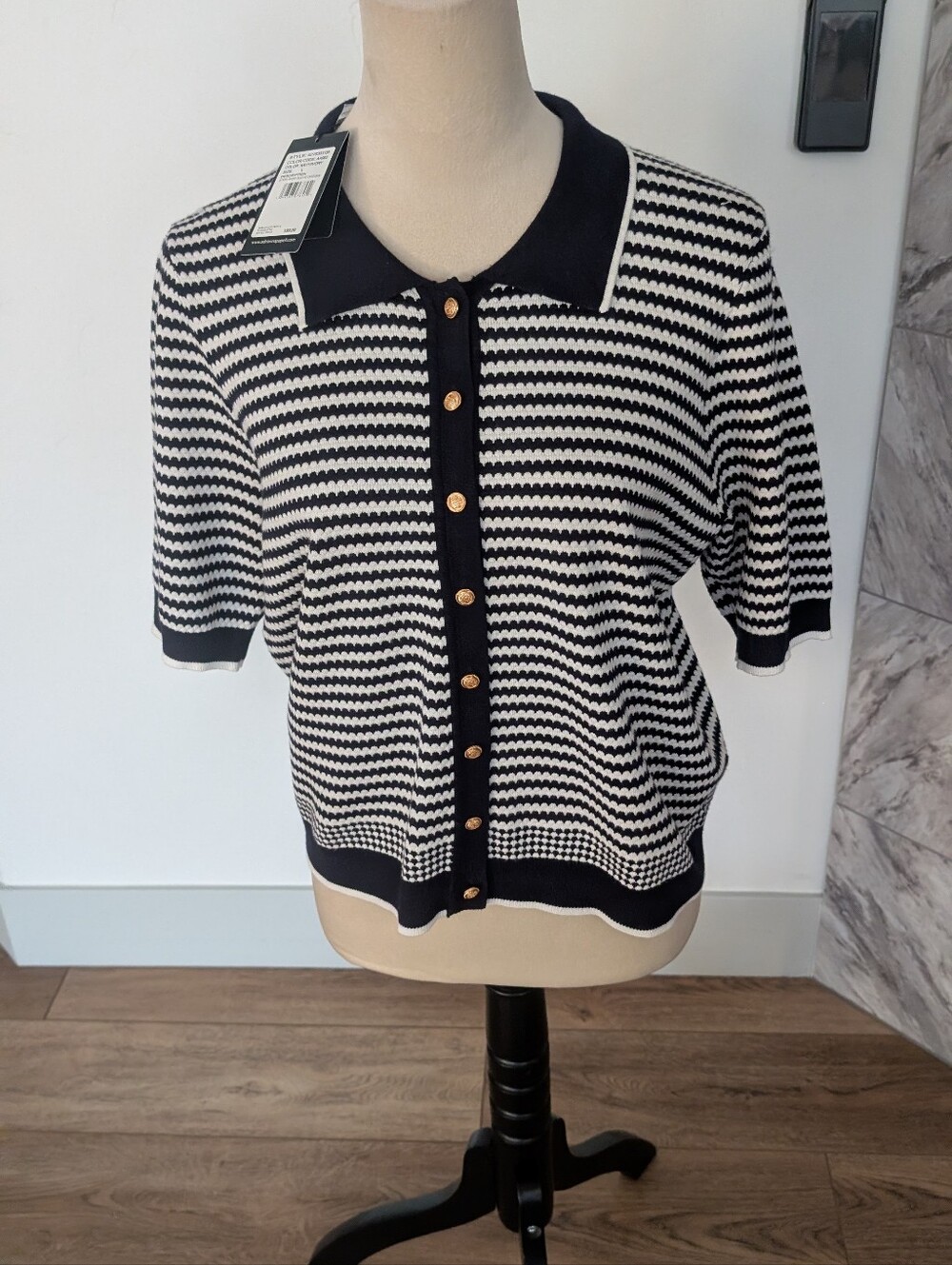 Adrianna Papell Navy and Ivory Striped Short Sleeve Cardigan - Picture 4 of 11